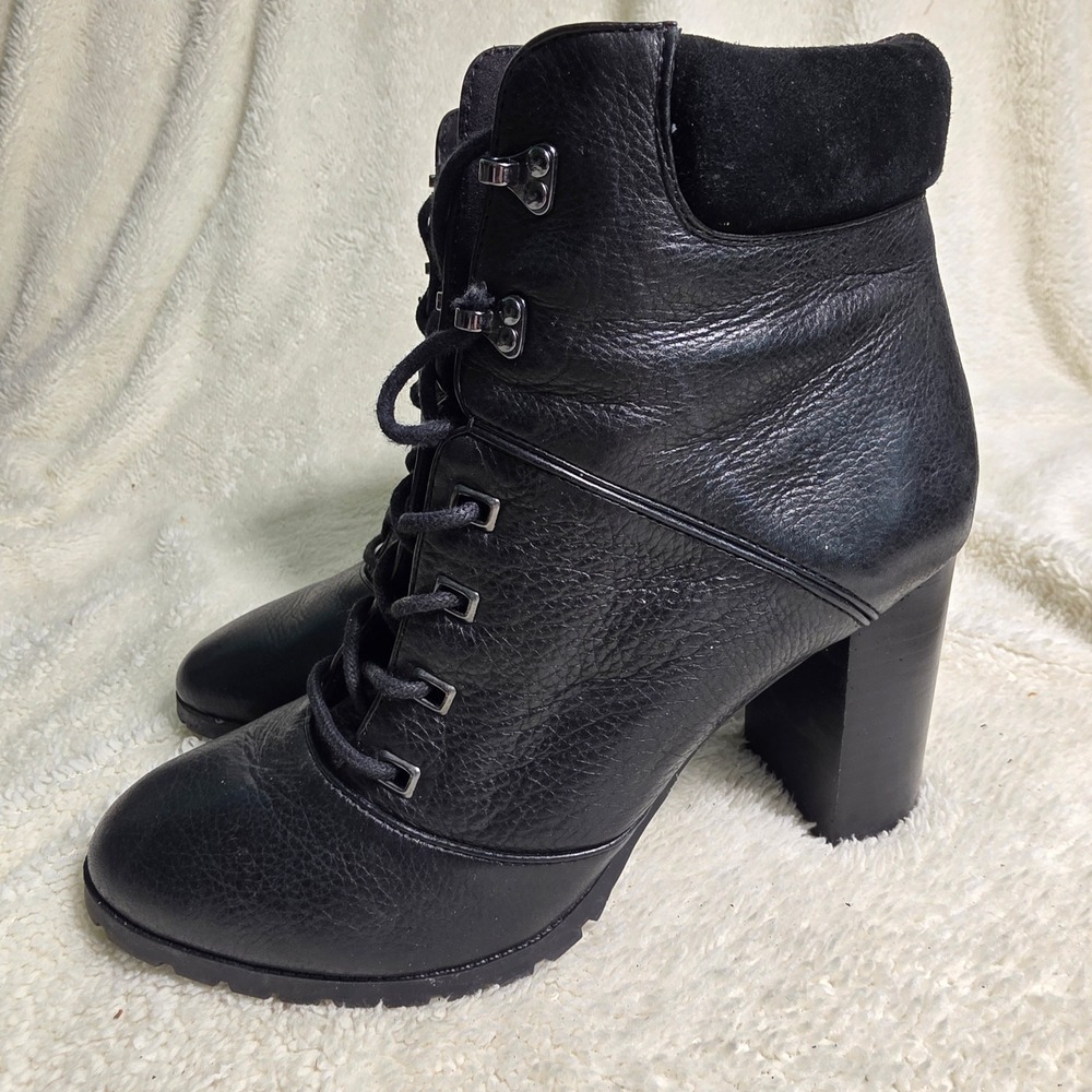 Antonio Melani Heeled Combat Ankle Boots Black Leather Lace Up Womens 8M